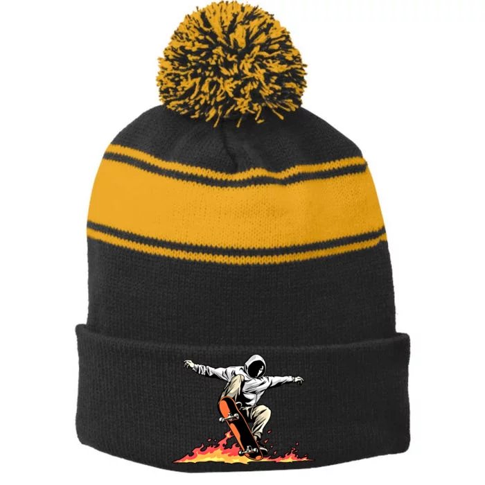 Skateboard Skateboarder Skater On Fire Skateboarding Gift Stripe Pom Pom Beanie