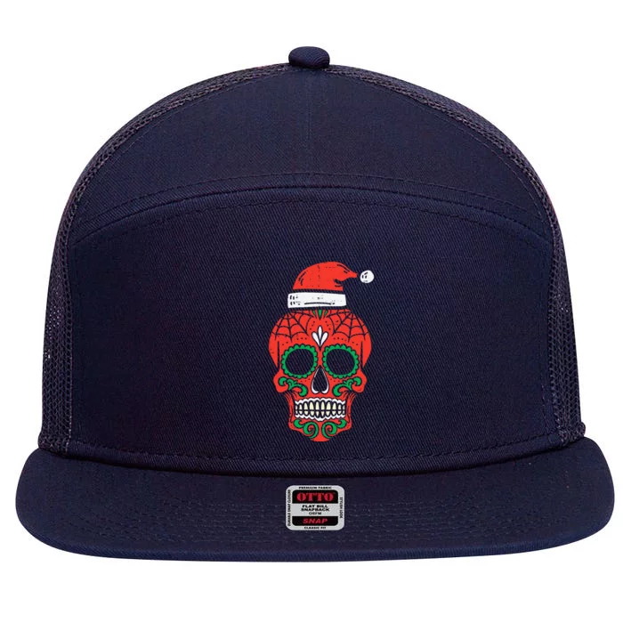 Sugar Skull Santa Hat Mexican Christmas Xmas Pj 7 Panel Mesh Trucker Snapback Hat