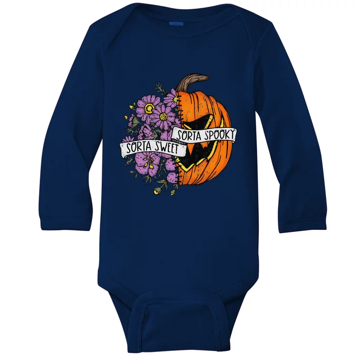 Sorta Sweet Sorta Spooky Floral Jack O Lantern Halloween Baby Long Sleeve Bodysuit