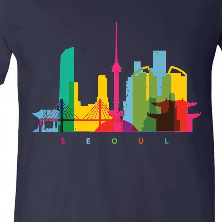 Seoul Skyline South Korea Colorful Vintage Seoul V-Neck T-Shirt