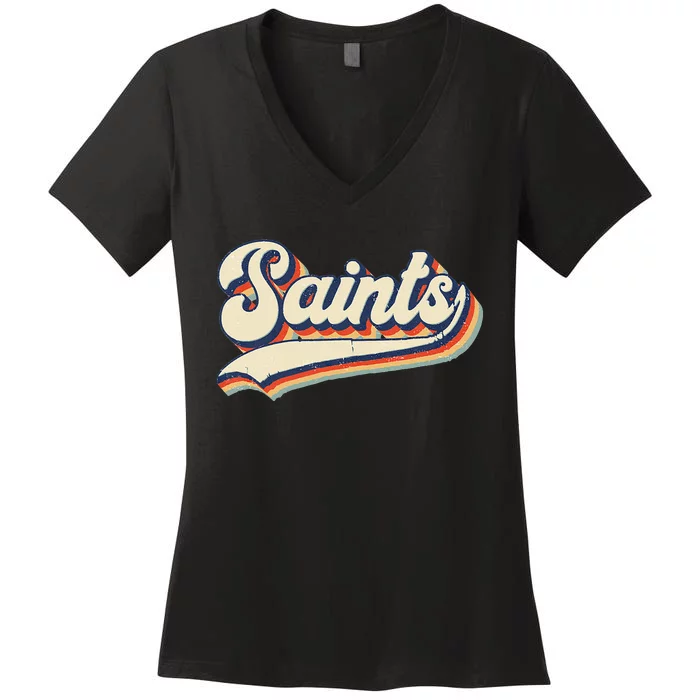 Saints School Sports Name Vintage Retro Gift Women's V-Neck T-Shirt