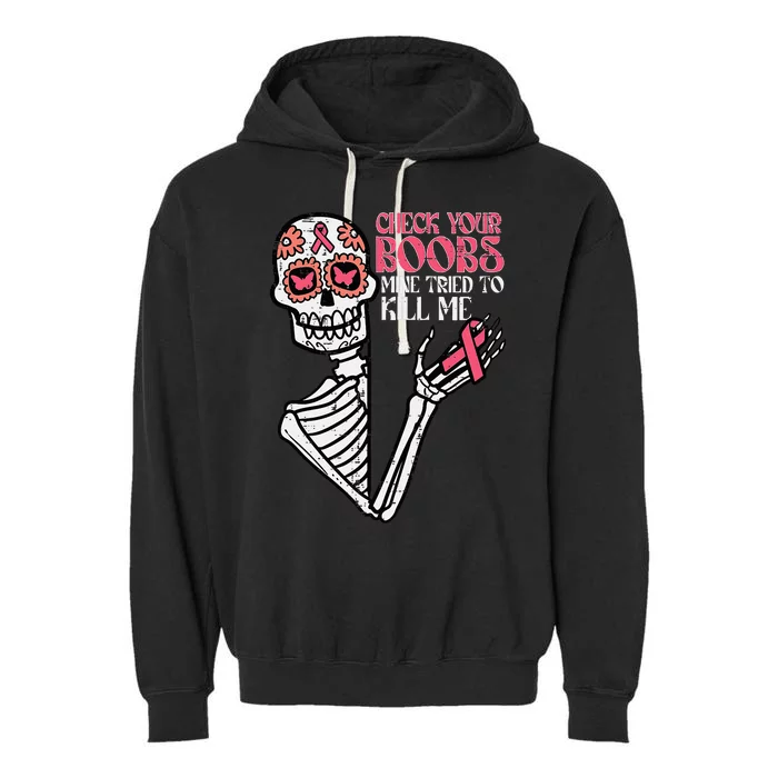 Sugar Skull Skeleton Funny Breast Cancer Awareness Women Garment-Dyed Fleece Hoodie