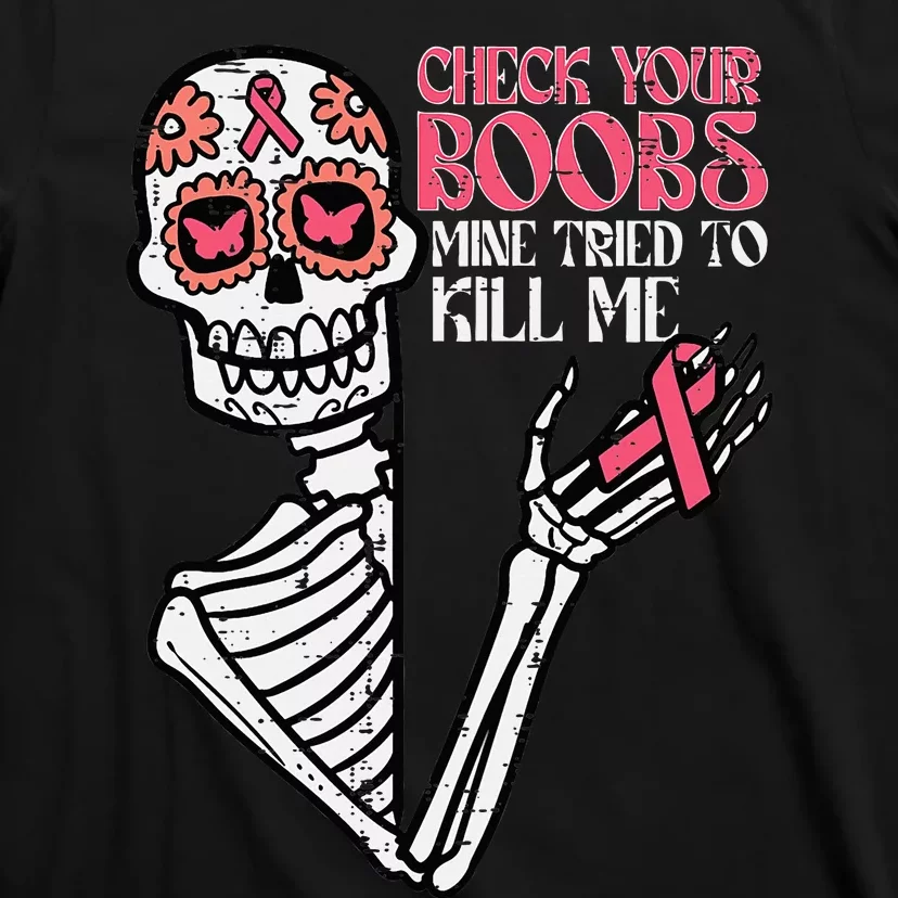 Sugar Skull Skeleton Funny Breast Cancer Awareness Women T-Shirt