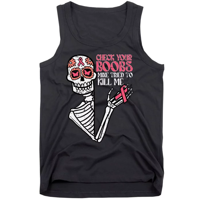 Sugar Skull Skeleton Funny Breast Cancer Awareness Women Tank Top