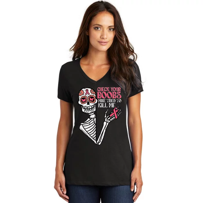 Sugar Skull Skeleton Funny Breast Cancer Awareness Women Women's V-Neck T-Shirt