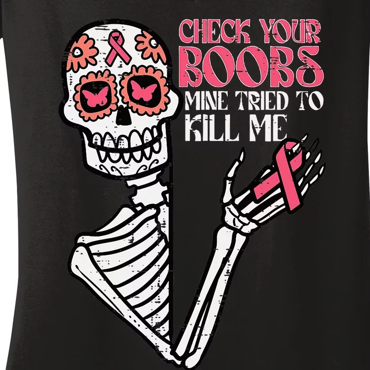 Sugar Skull Skeleton Funny Breast Cancer Awareness Women Women's V-Neck T-Shirt