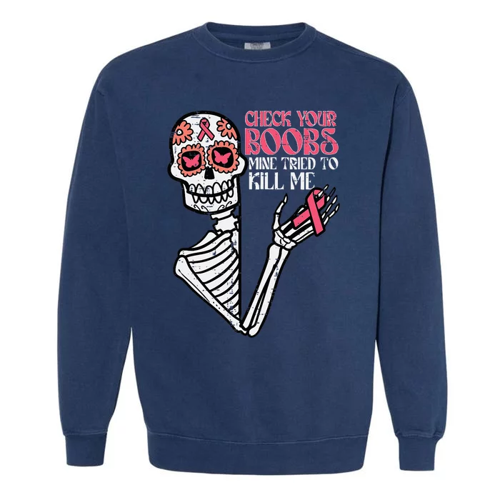 Sugar Skull Skeleton Funny Breast Cancer Awareness Women Garment-Dyed Sweatshirt