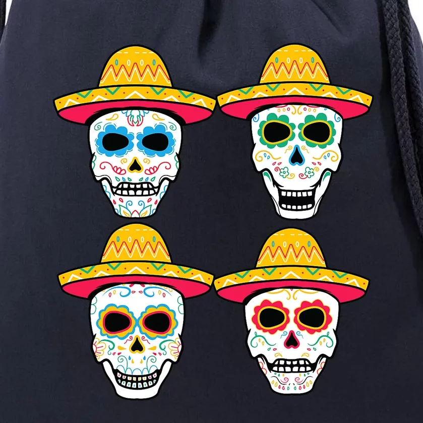 Sugar Skull Sombrero Dia De Los Muertos Mexican Day Of Dead Drawstring Bag