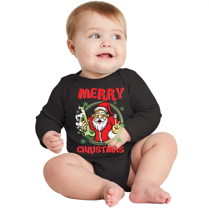 Smoking Santa Stoned On Christmas From His Fav Marijuana Baby Long Sleeve Bodysuit