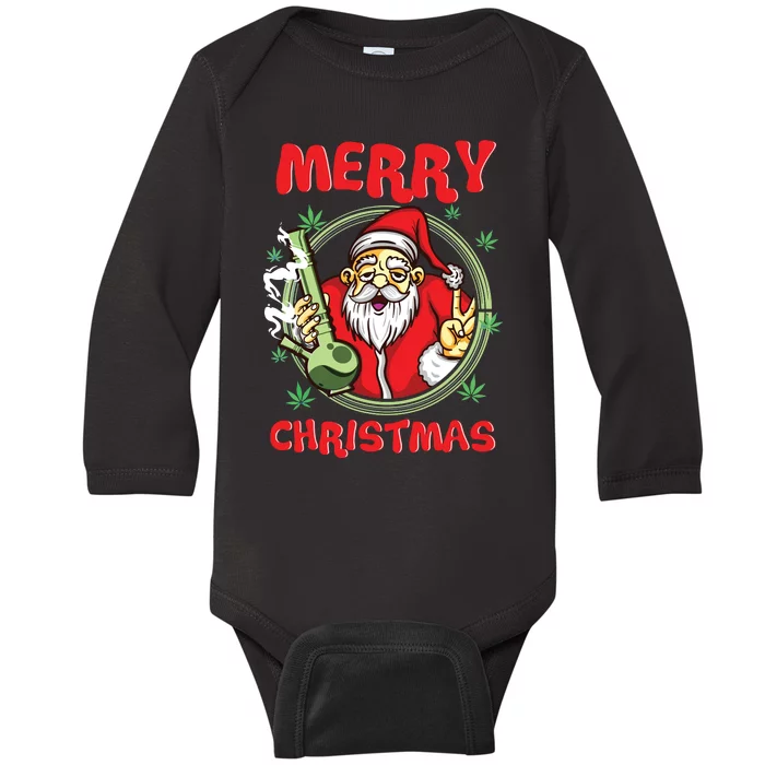 Smoking Santa Stoned On Christmas From His Fav Marijuana Baby Long Sleeve Bodysuit