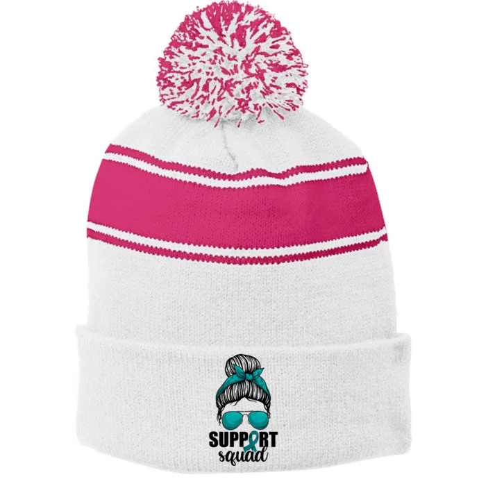 Support Squad Shirts Ovarian Cancer Messy Bun Stripe Pom Pom Beanie