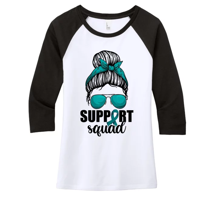 Support Squad Shirts Ovarian Cancer Messy Bun Women's Tri-Blend 3/4-Sleeve Raglan Shirt