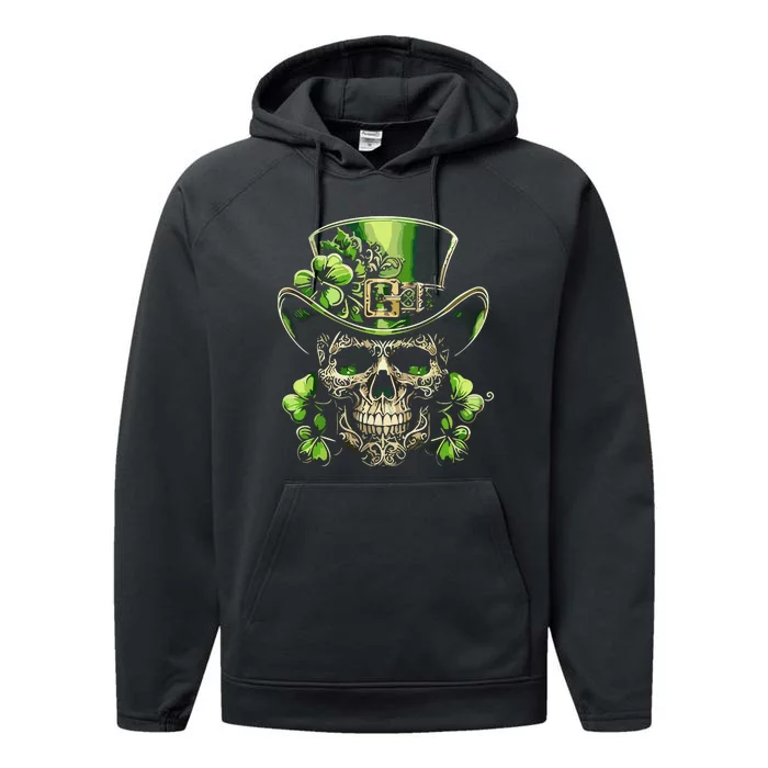 Sugar Skull St Patrick Day Of The Dead Lucky Shamrock Performance Fleece Hoodie