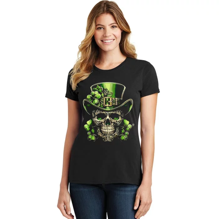 Sugar Skull St Patrick Day Of The Dead Lucky Shamrock Women's T-Shirt