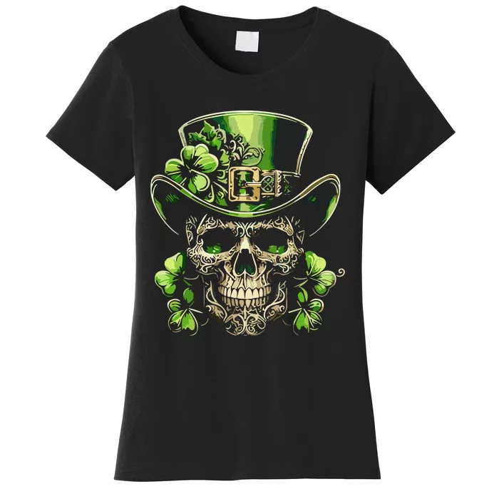 Sugar Skull St Patrick Day Of The Dead Lucky Shamrock Women's T-Shirt