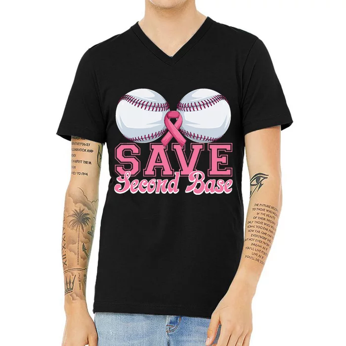 Save Second Softball Base Breast Cancer Awareness V-Neck T-Shirt