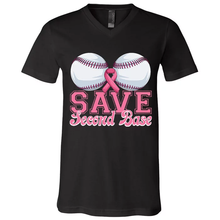 Save Second Softball Base Breast Cancer Awareness V-Neck T-Shirt