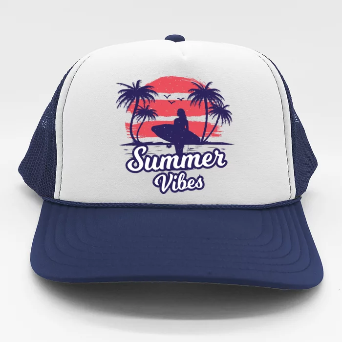 Surfing Sunset Summer Vibes Palm Beach Gift Trucker Hat