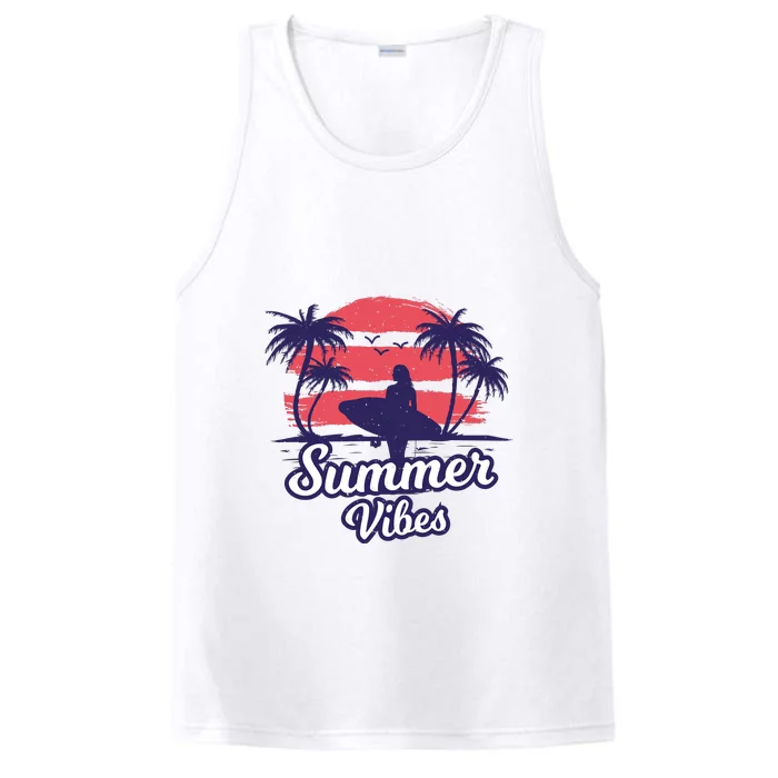 Surfing Sunset Summer Vibes Palm Beach Gift Performance Tank