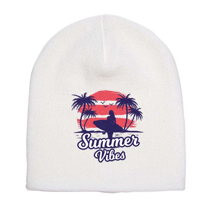 Surfing Sunset Summer Vibes Palm Beach Gift Short Acrylic Beanie