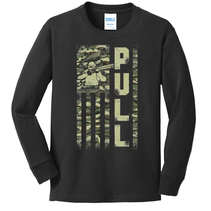 Shotgun Skeet Trap Clay Pigeon Shooting Camo Usa Flag Kids Long Sleeve Shirt