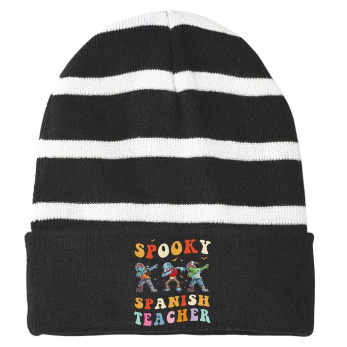 Spooky Spanish Teacher Zombie Groovy Halloween Ghost Pumpkin Striped Beanie with Solid Band