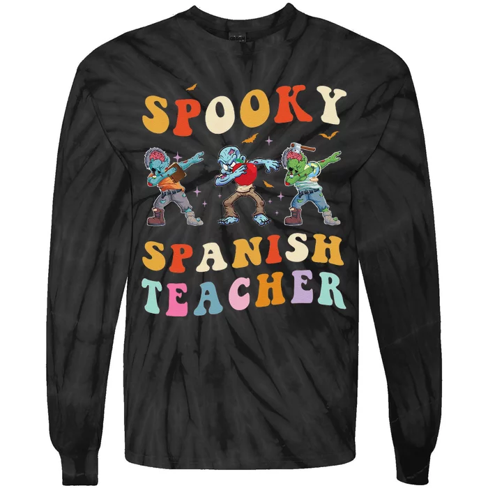 Spooky Spanish Teacher Zombie Groovy Halloween Ghost Pumpkin Tie-Dye Long Sleeve Shirt