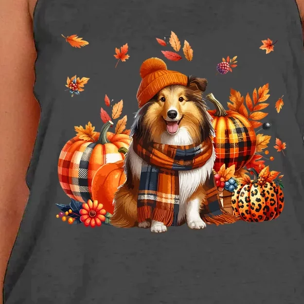 Shetland Sheepdog Thanksgiving Leopard Pumpkins Fall Leaves Women's Knotted Racerback Tank