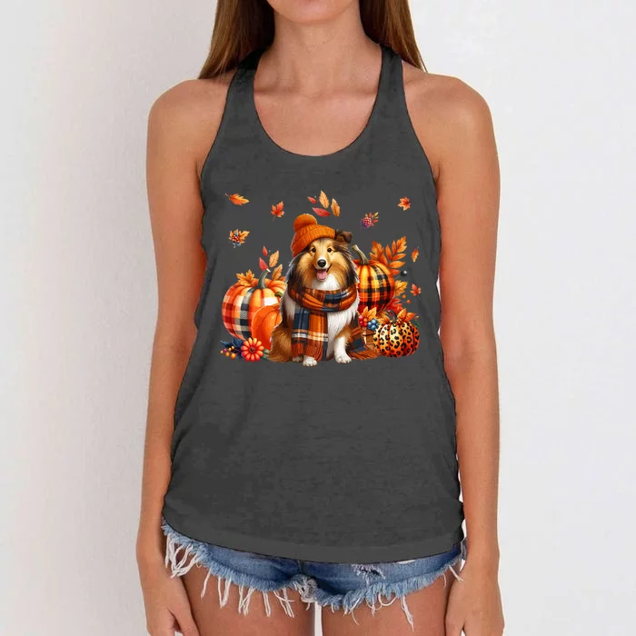 Shetland Sheepdog Thanksgiving Leopard Pumpkins Fall Leaves Women's Knotted Racerback Tank