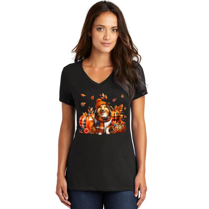 Shetland Sheepdog Thanksgiving Leopard Pumpkins Fall Leaves Women's V-Neck T-Shirt