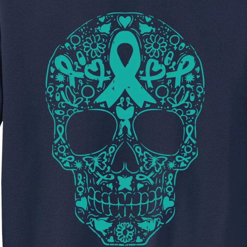 Sugar Skull Teal Ribbon Ovarian Cancer Awareness Mexicansugar Skull Teal Ribbon Tall Sweatshirt