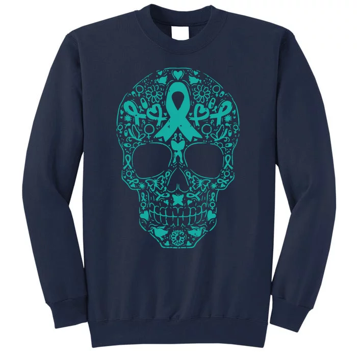 Sugar Skull Teal Ribbon Ovarian Cancer Awareness Mexicansugar Skull Teal Ribbon Tall Sweatshirt