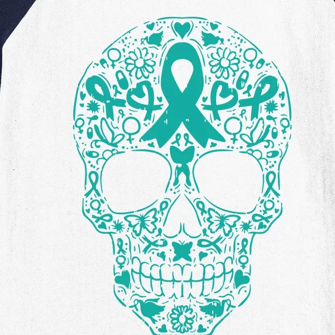 Sugar Skull Teal Ribbon Ovarian Cancer Awareness Mexicansugar Skull Teal Ribbon Baseball Sleeve Shirt