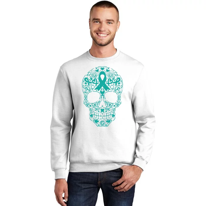 Sugar Skull Teal Ribbon Ovarian Cancer Awareness Mexicansugar Skull Teal Ribbon Sweatshirt