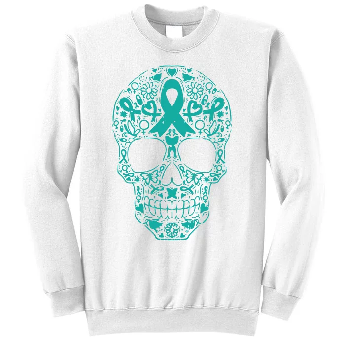 Sugar Skull Teal Ribbon Ovarian Cancer Awareness Mexicansugar Skull Teal Ribbon Sweatshirt