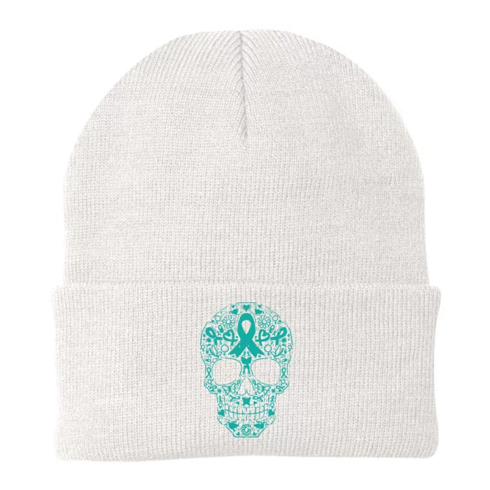 Sugar Skull Teal Ribbon Ovarian Cancer Awareness Mexicansugar Skull Teal Ribbon Knit Cap Winter Beanie