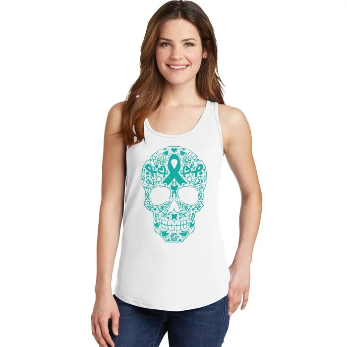 Sugar Skull Teal Ribbon Ovarian Cancer Awareness Mexicansugar Skull Teal Ribbon Ladies Essential Tank