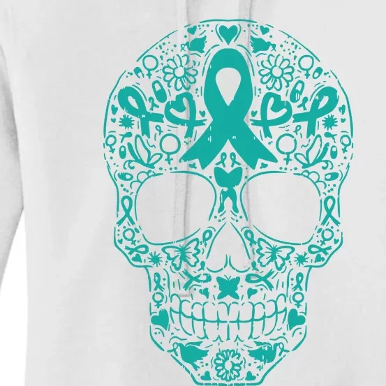 Sugar Skull Teal Ribbon Ovarian Cancer Awareness Mexicansugar Skull Teal Ribbon Women's Pullover Hoodie