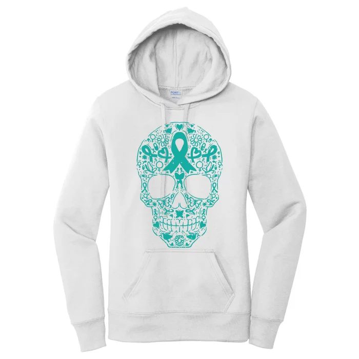 Sugar Skull Teal Ribbon Ovarian Cancer Awareness Mexicansugar Skull Teal Ribbon Women's Pullover Hoodie