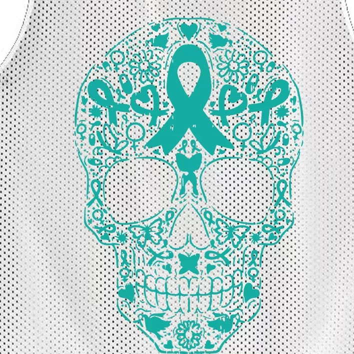 Sugar Skull Teal Ribbon Ovarian Cancer Awareness Mexicansugar Skull Teal Ribbon Mesh Reversible Basketball Jersey Tank