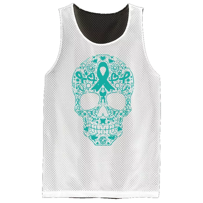 Sugar Skull Teal Ribbon Ovarian Cancer Awareness Mexicansugar Skull Teal Ribbon Mesh Reversible Basketball Jersey Tank