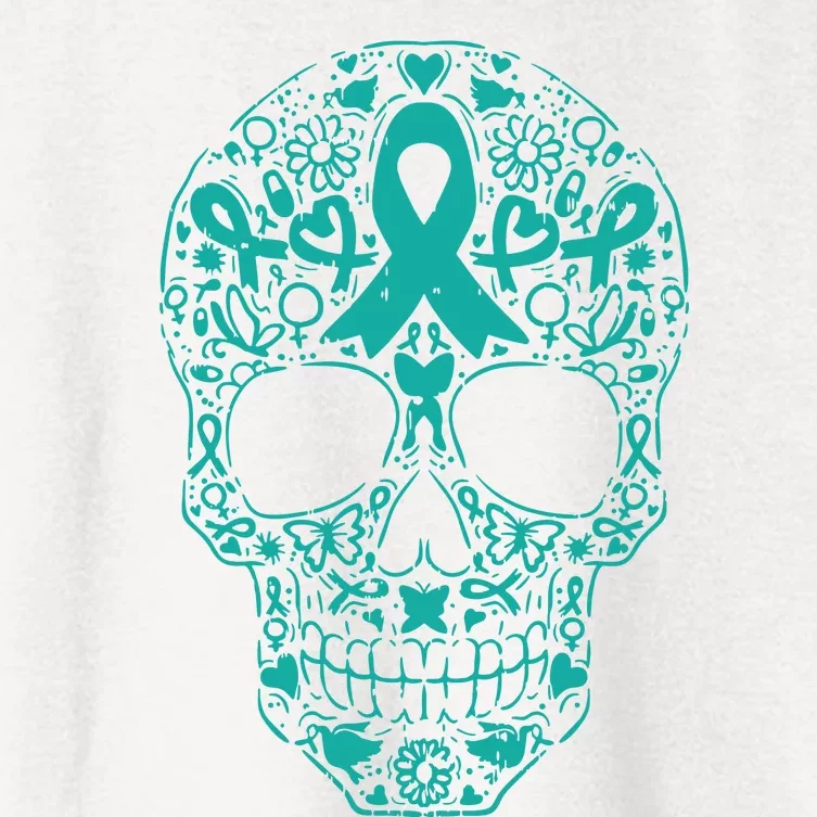 Sugar Skull Teal Ribbon Ovarian Cancer Awareness Mexicansugar Skull Teal Ribbon Women's Crop Top Tee