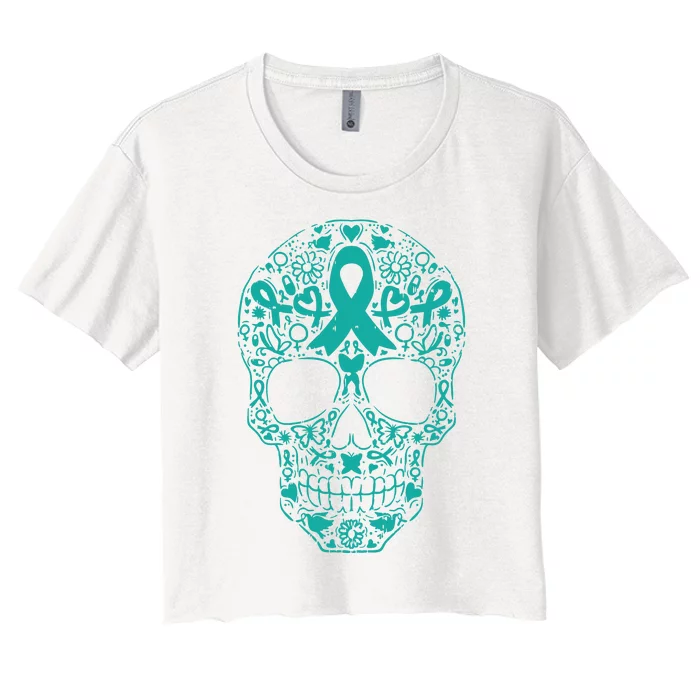 Sugar Skull Teal Ribbon Ovarian Cancer Awareness Mexicansugar Skull Teal Ribbon Women's Crop Top Tee