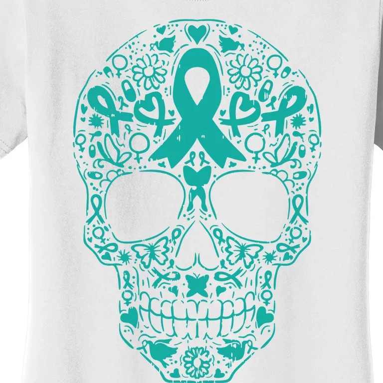 Sugar Skull Teal Ribbon Ovarian Cancer Awareness Mexicansugar Skull Teal Ribbon Women's T-Shirt