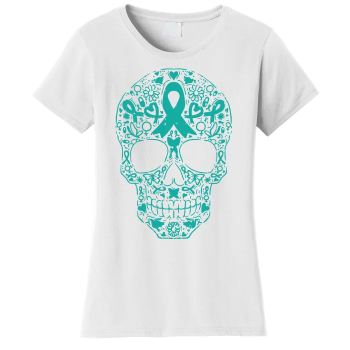 Sugar Skull Teal Ribbon Ovarian Cancer Awareness Mexicansugar Skull Teal Ribbon Women's T-Shirt