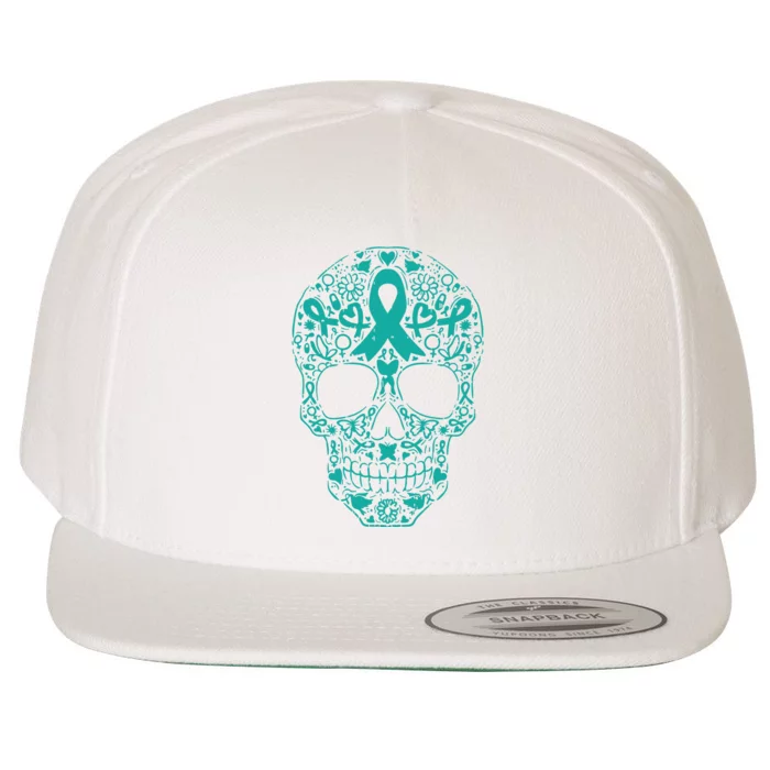 Sugar Skull Teal Ribbon Ovarian Cancer Awareness Mexicansugar Skull Teal Ribbon Wool Snapback Cap