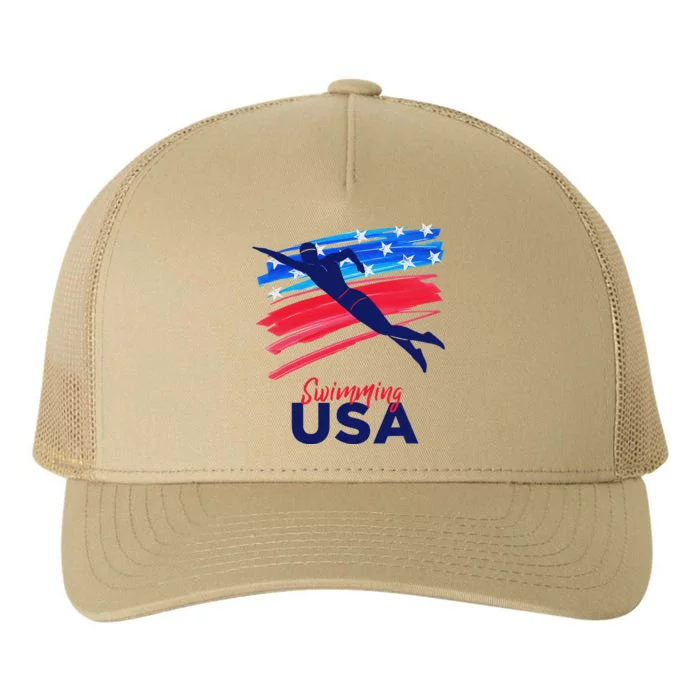 Swimming Support Team Flag Usa Pool Swimmer American Yupoong Adult 5-Panel Trucker Hat