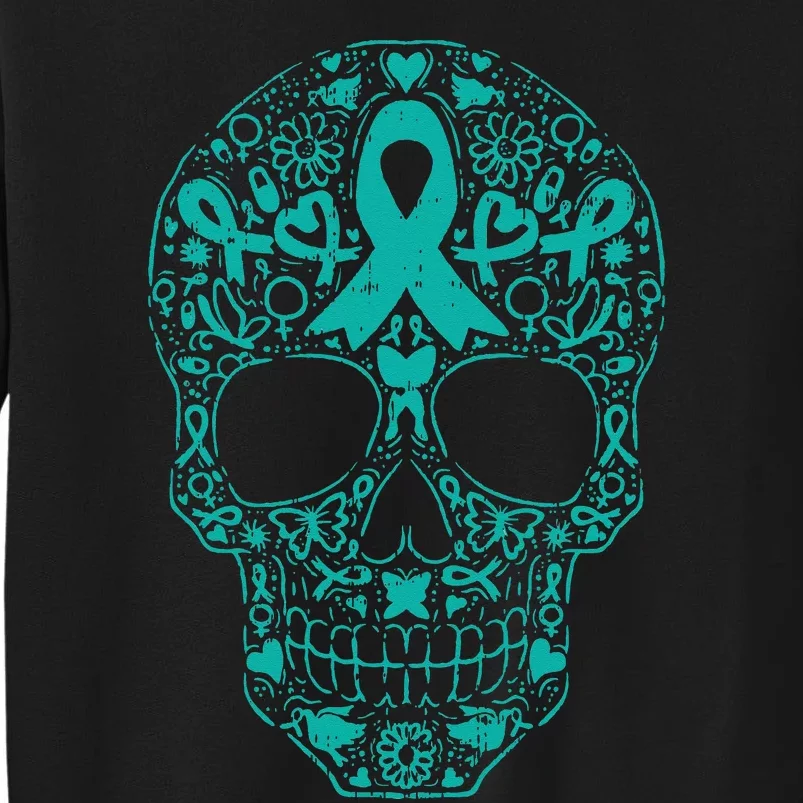 Sugar Skull Teal Ribbon Ovarian Cancer Awareness Mexican Tall Sweatshirt