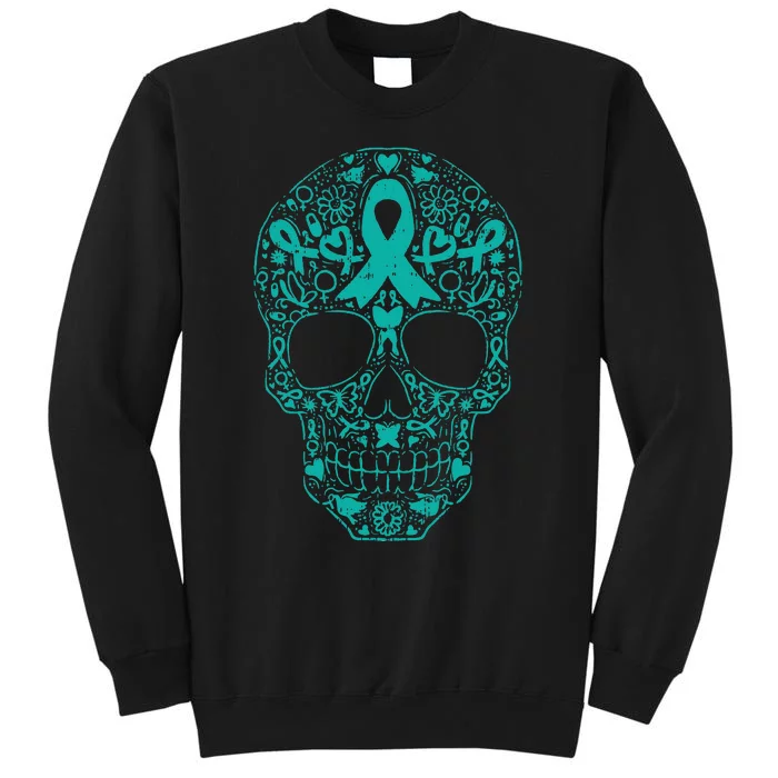 Sugar Skull Teal Ribbon Ovarian Cancer Awareness Mexican Tall Sweatshirt