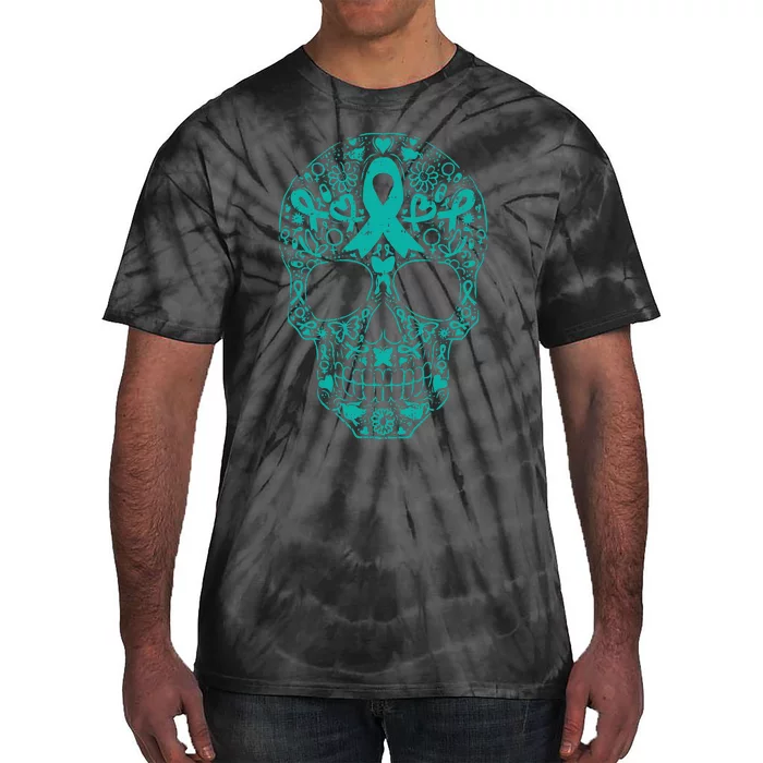 Sugar Skull Teal Ribbon Ovarian Cancer Awareness Mexican Tie-Dye T-Shirt